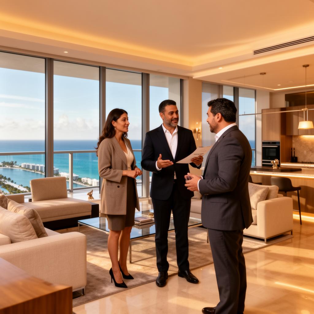 Agente inmobiliario en Miami que habla español mostrando una propiedad de lujo a clientes latinoamericanos