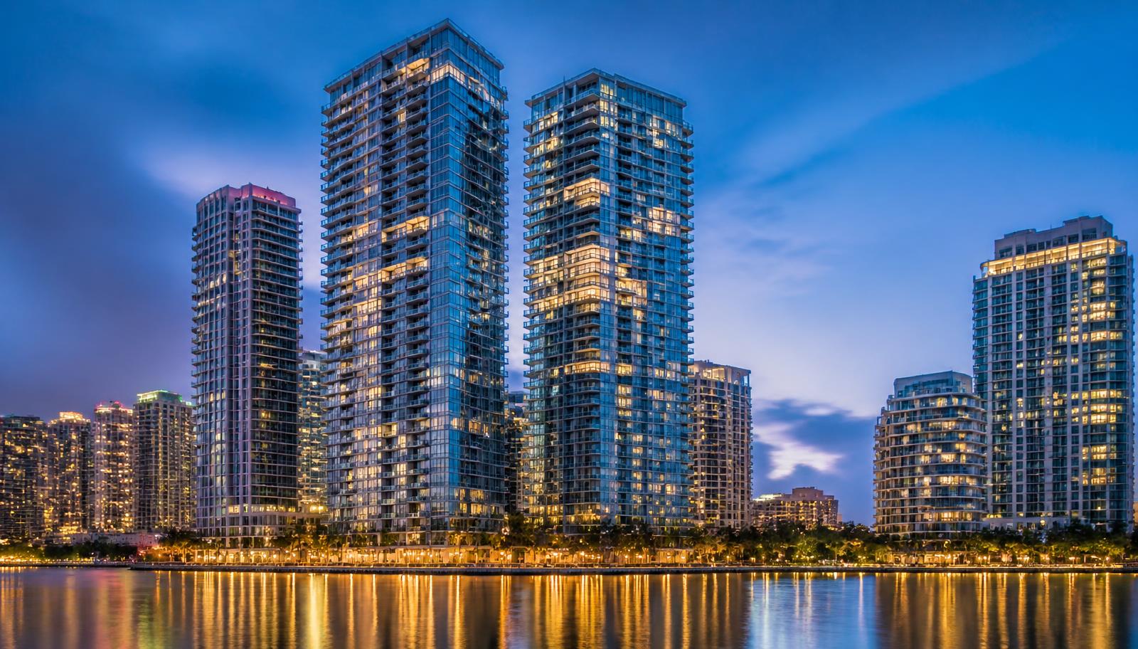 Brickell high-rise condominium towers above Biscayne Bay in Miami