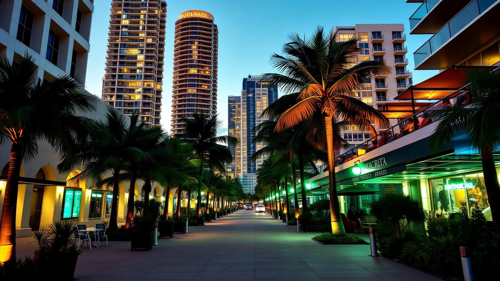 Brickell Miami street with restaurants beneath residential towers