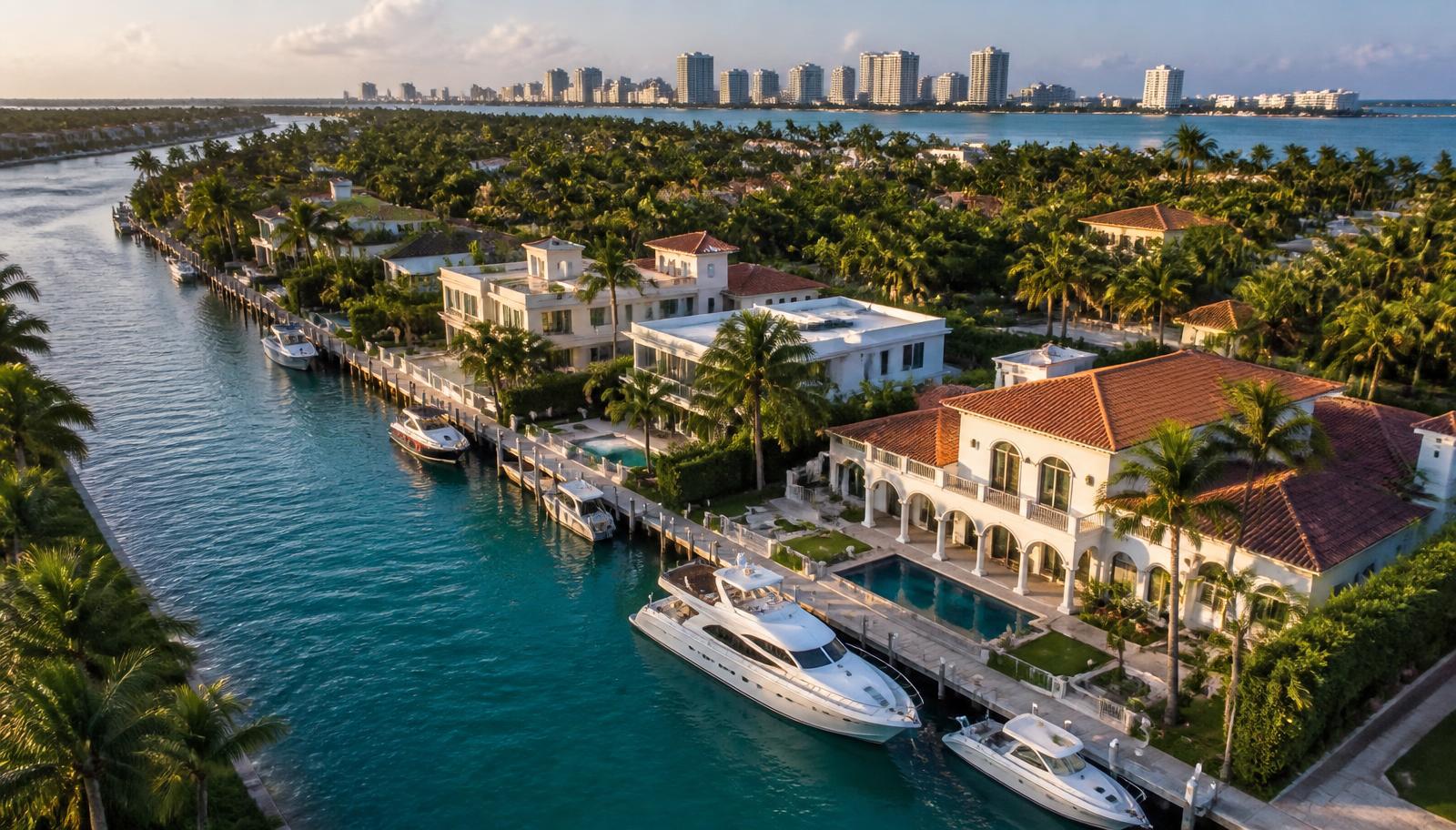 Casa moderna frente al agua en Miami al atardecer con muelle privado sobre Biscayne Bay