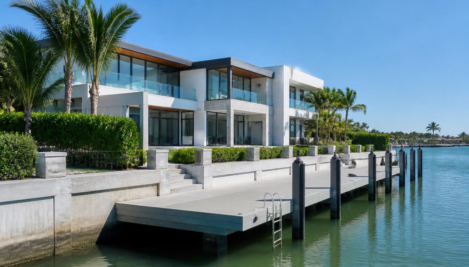 Muelle privado y muro de contención en una residencia frente al agua en Miami sobre Biscayne Bay