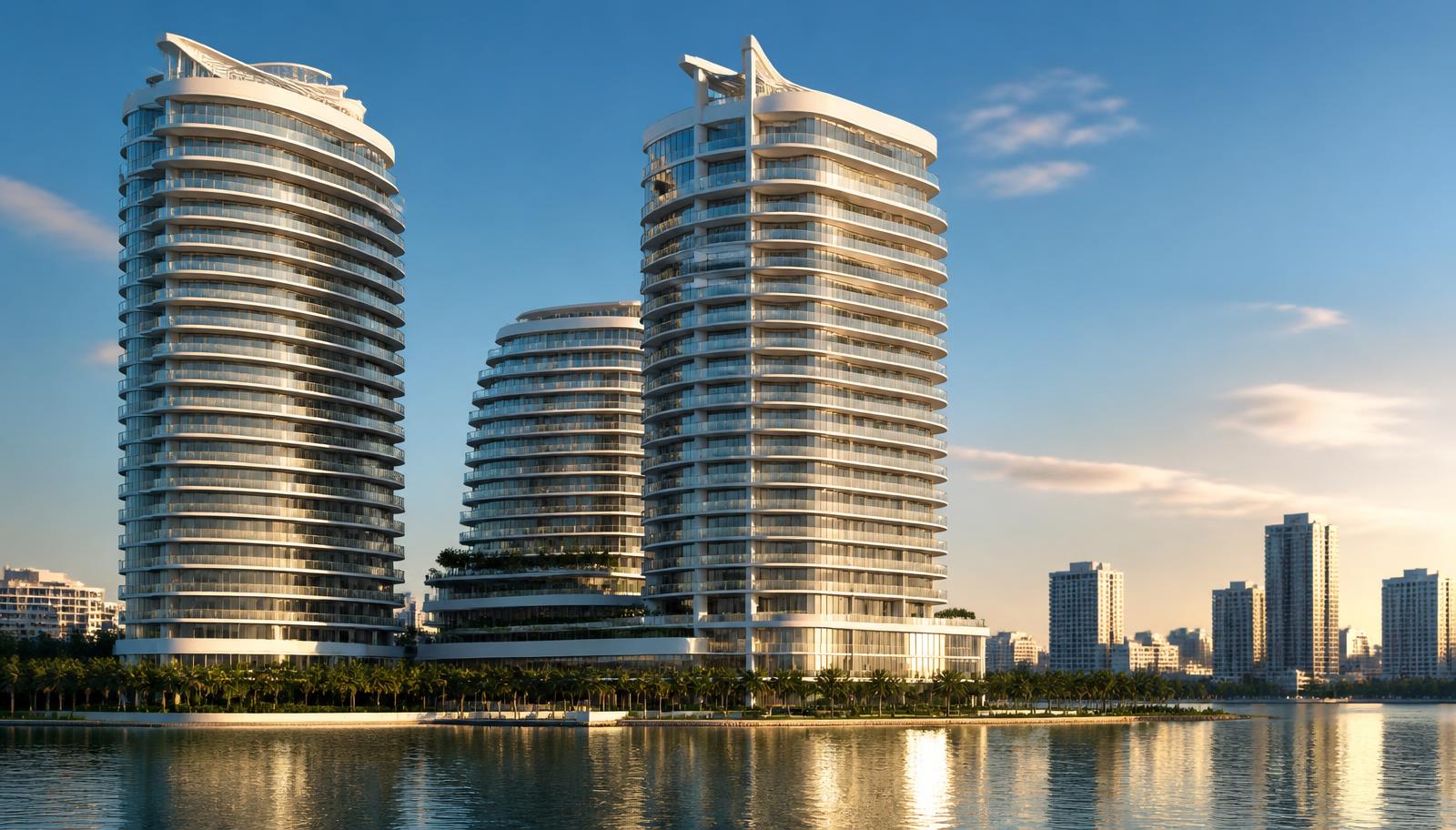 Torres residenciais à beira da Baía de Biscayne em Miami refletidas na água