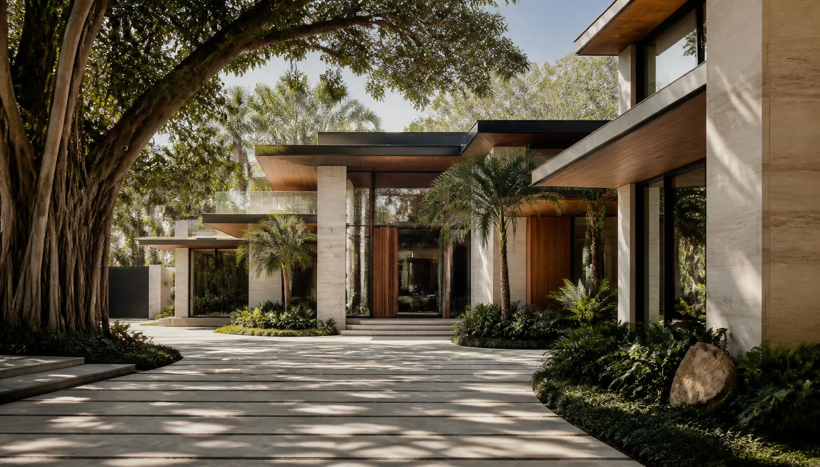 Residência contemporânea de alto padrão em Coral Gables cercada por vegetação tropical madura