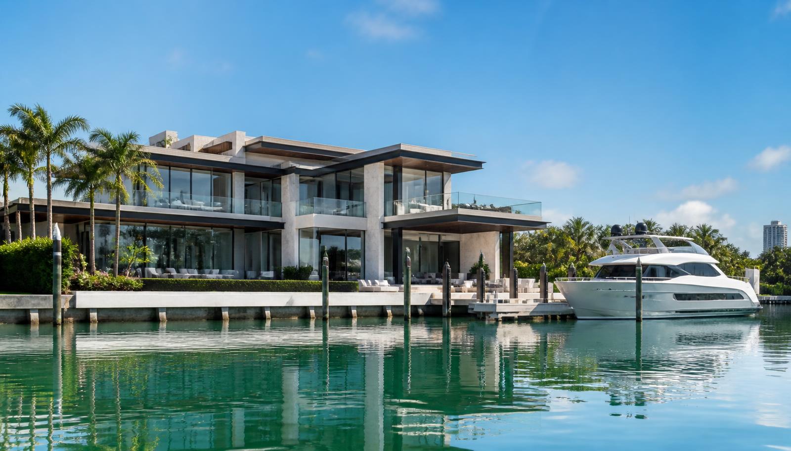 Casa de alto padrão à beira-mar em Miami vista do canal, com muro de contenção, píer privativo e iate atracado