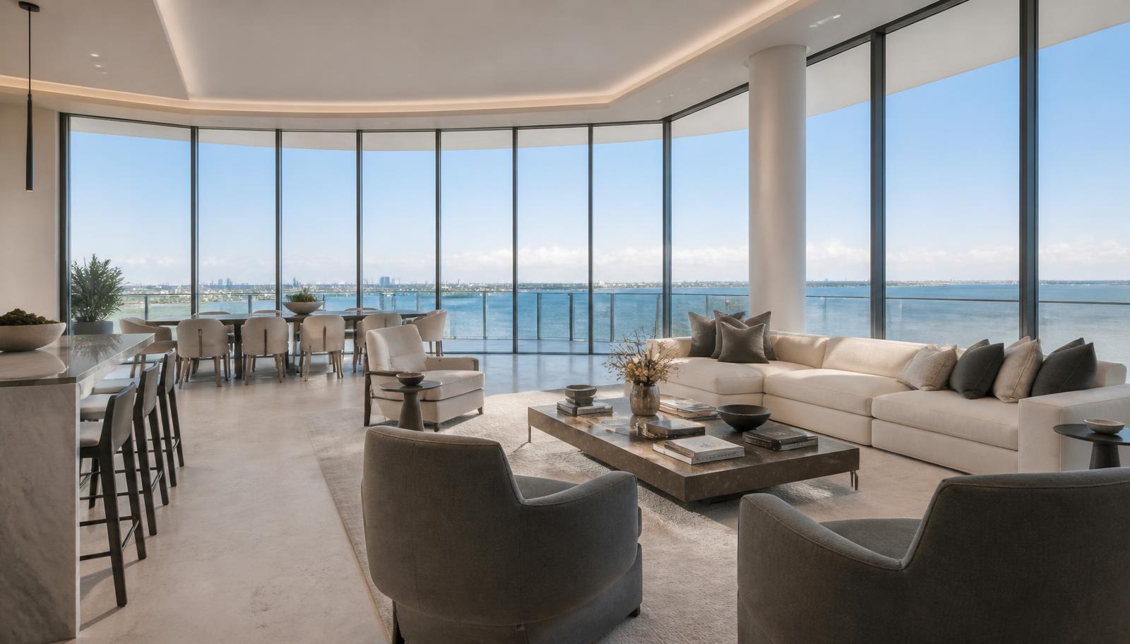 Interior de una residencia tipo condominio en Miami con ventanales de piso a techo frente a Biscayne Bay