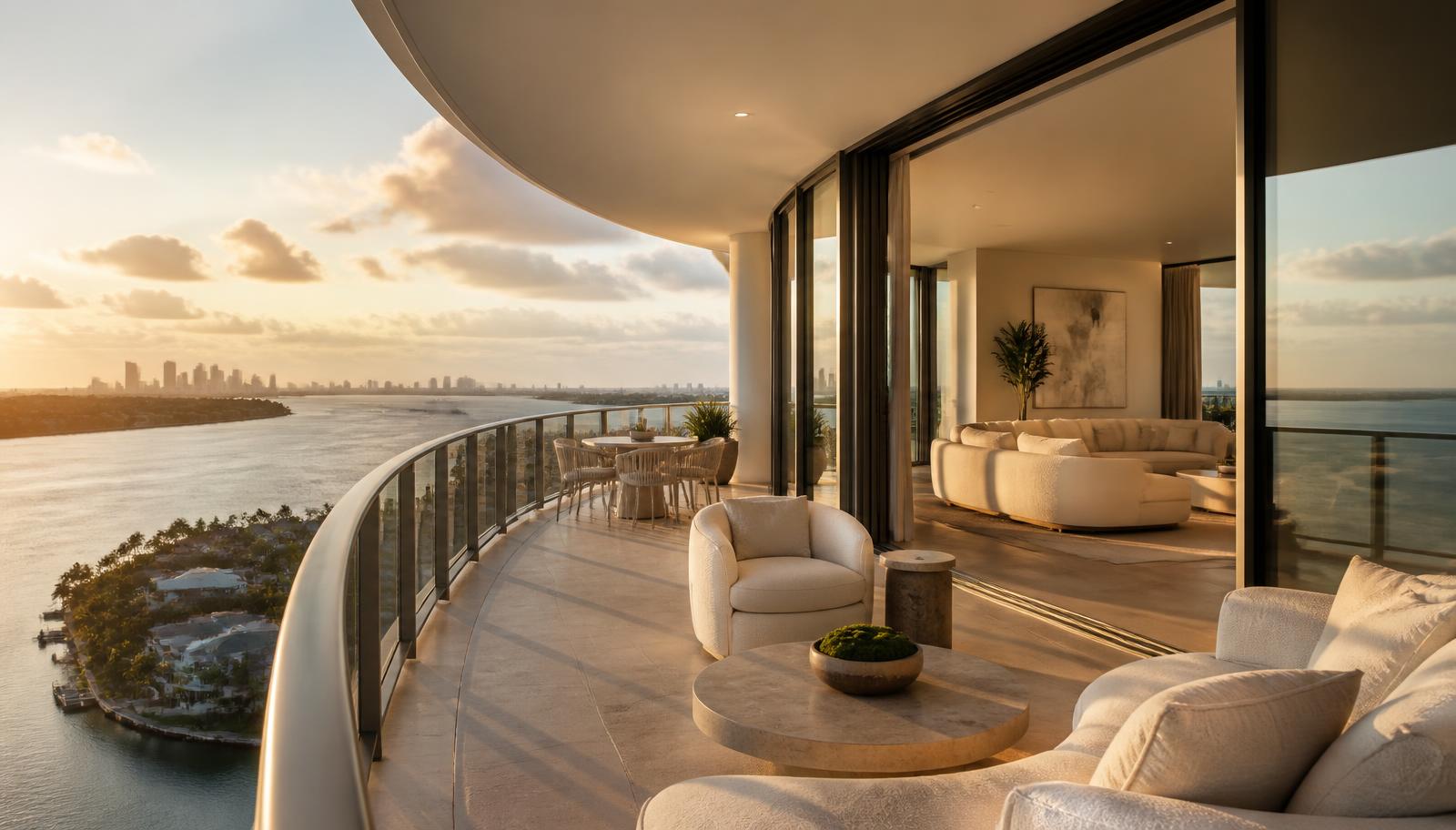 Terraza de una residencia tipo condominio en Miami con vista a la bahía al atardecer