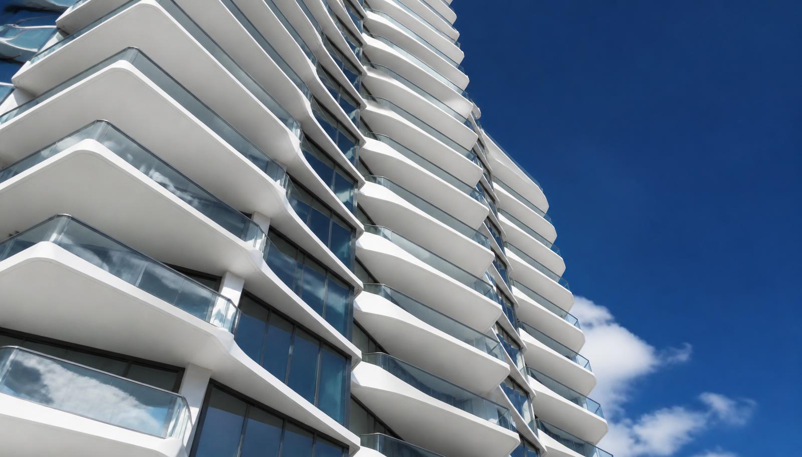 Detalle arquitectónico de balcones en la fachada de un edificio alto de condominios en Miami