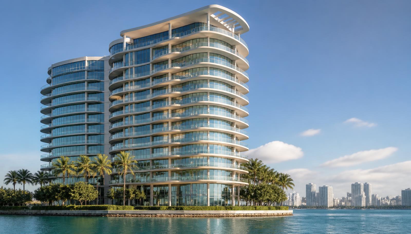 Torre residencial de condominios frente al mar en Biscayne Bay, Miami