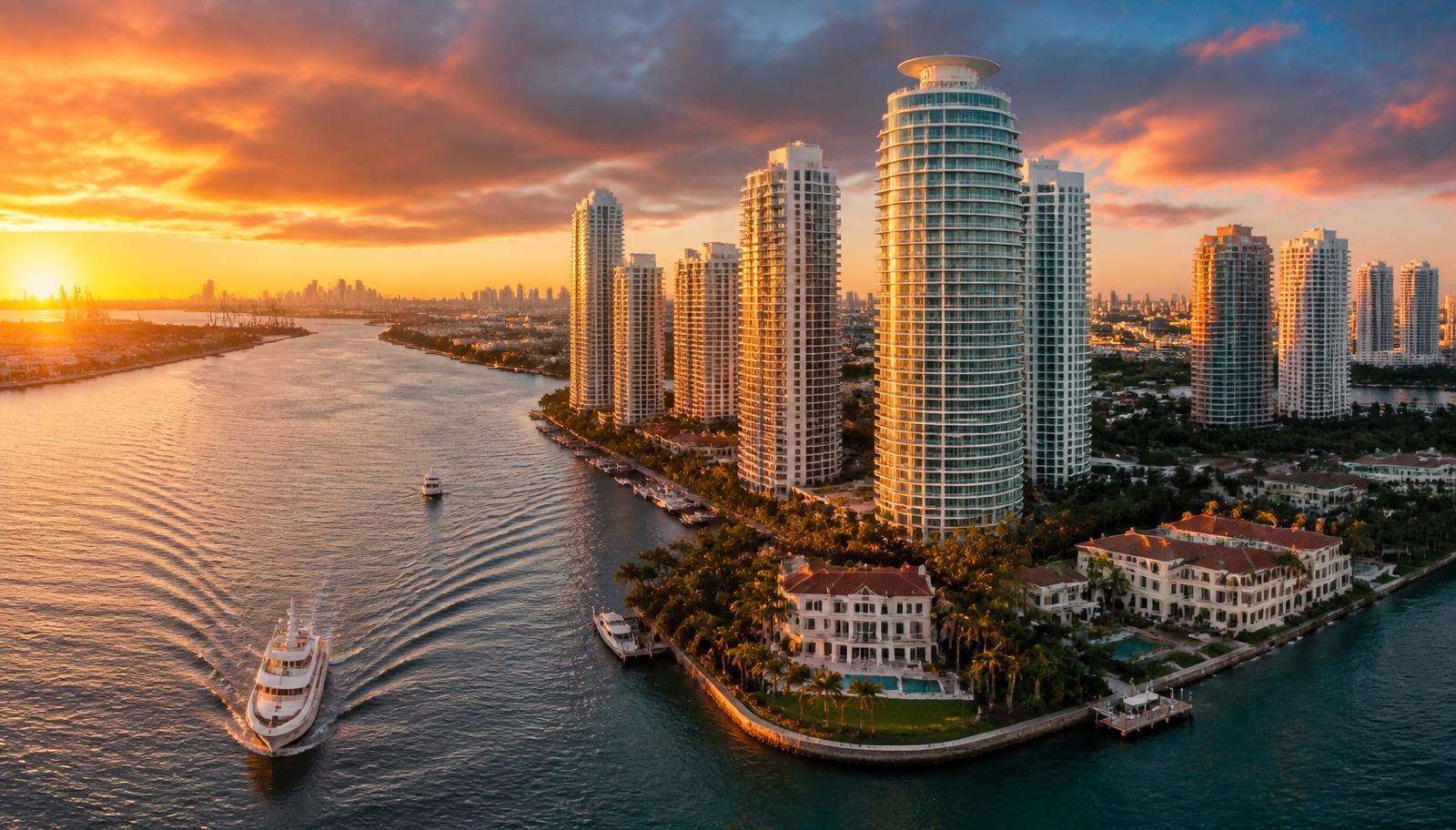 Biscayne Bay waterfront residences and the Miami skyline at dusk