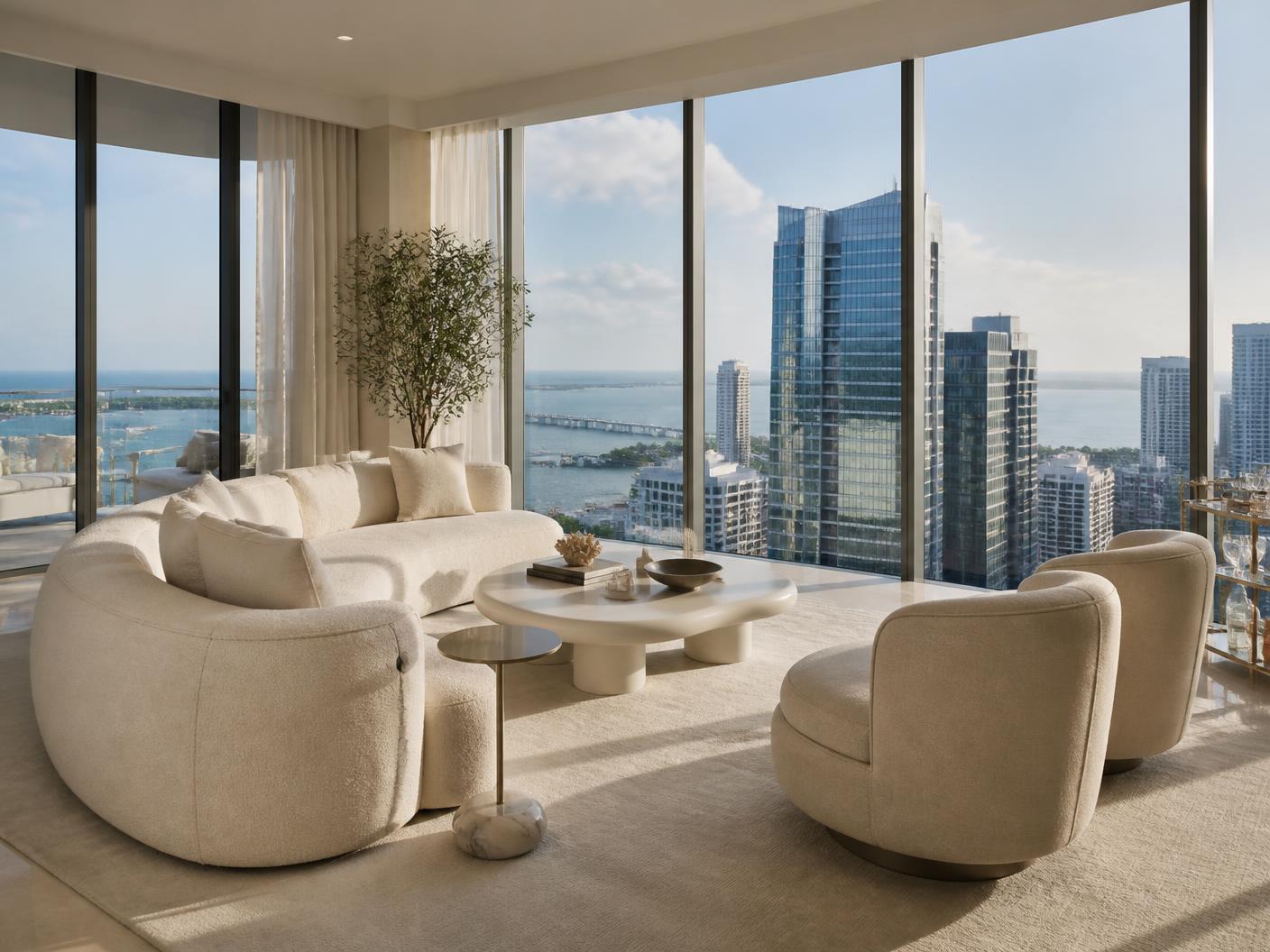 Luxury Miami condominium living room with floor-to-ceiling windows over the Brickell skyline and Biscayne Bay