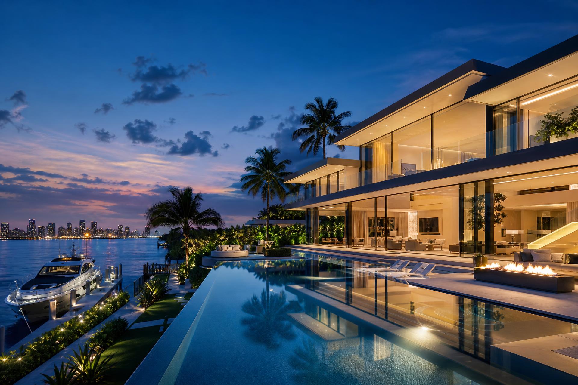 Casa de luxo à beira-mar em Miami ao entardecer, representando a propriedade privativa à beira d'água