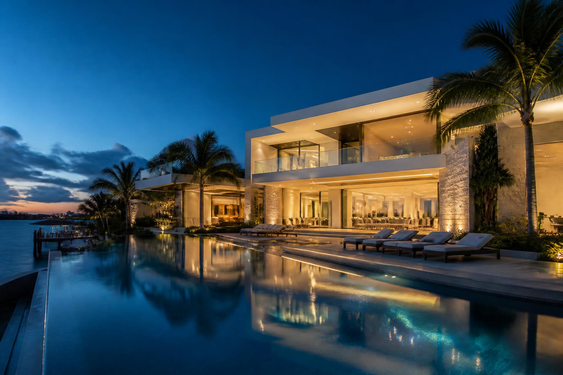 Waterfront luxury residence at twilight representing Supreme Capital Real Estate Agents Miami