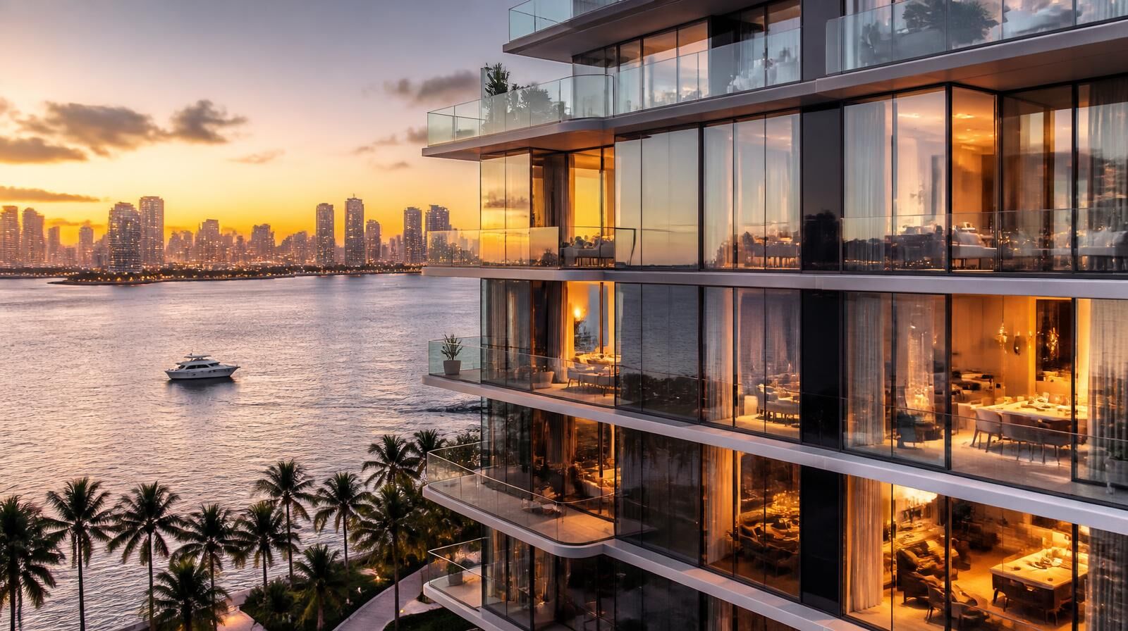 New luxury Miami residential tower with curved balconies overlooking Biscayne Bay at golden hour
