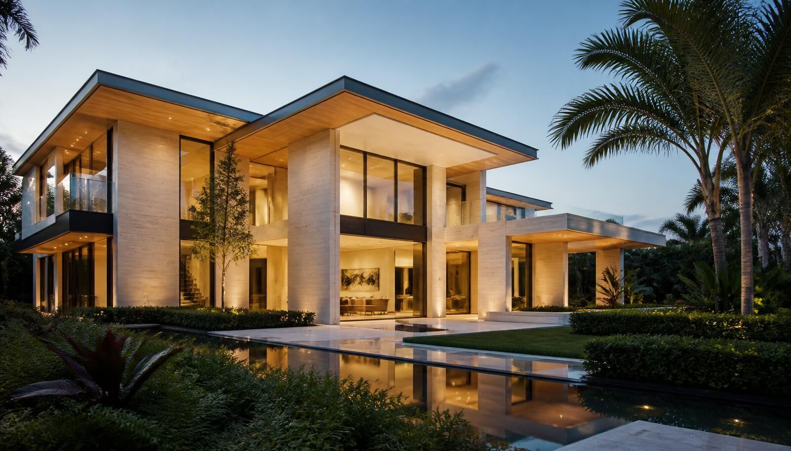 Newly built modern limestone and glass luxury home in Coral Gables with reflecting pool at dusk