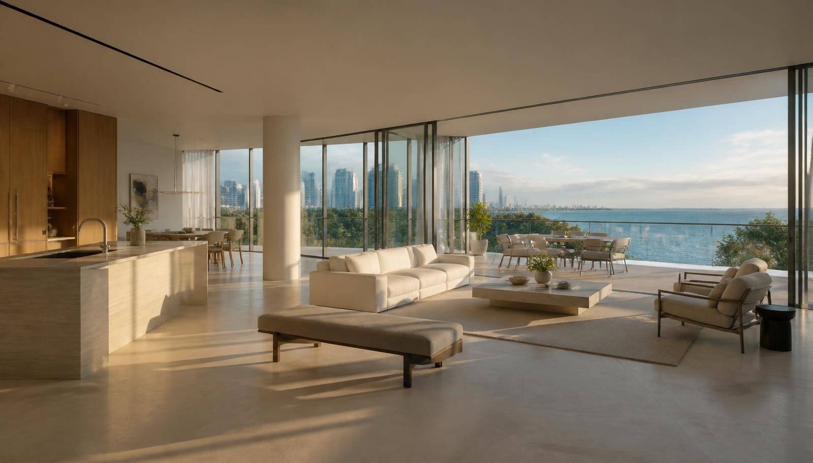 Interior of a new luxury Miami condominium with floor-to-ceiling glass, stone floors and a wide bay-view terrace