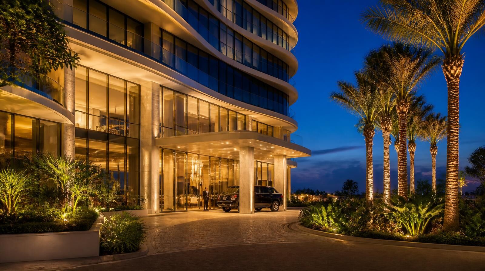 Newly completed luxury Miami residential tower with glass facade and landscaped podium at blue hour