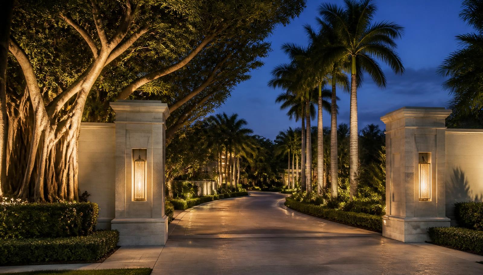 Limestone piers and a landscaped private residential drive lined with banyan trees and royal palms at dusk in Coral Gables