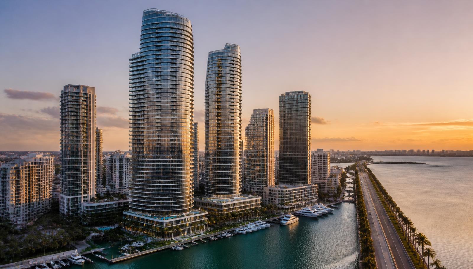Torres de apartamentos à beira-mar em Miami e a Baía de Biscayne ao entardecer