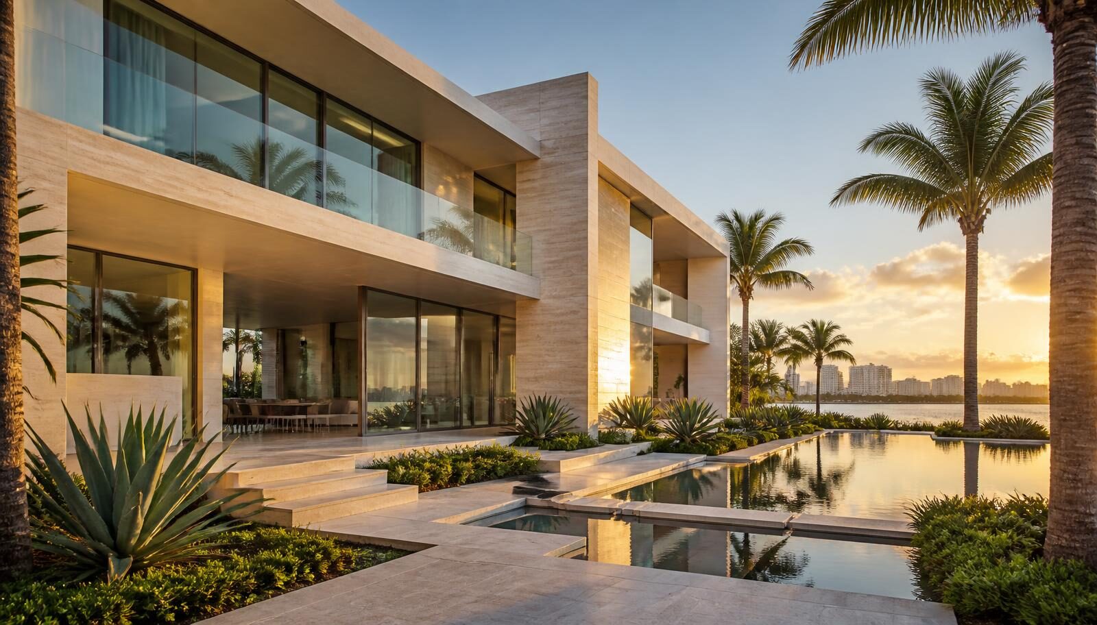 Contemporary Miami residence being evaluated for sale at golden hour