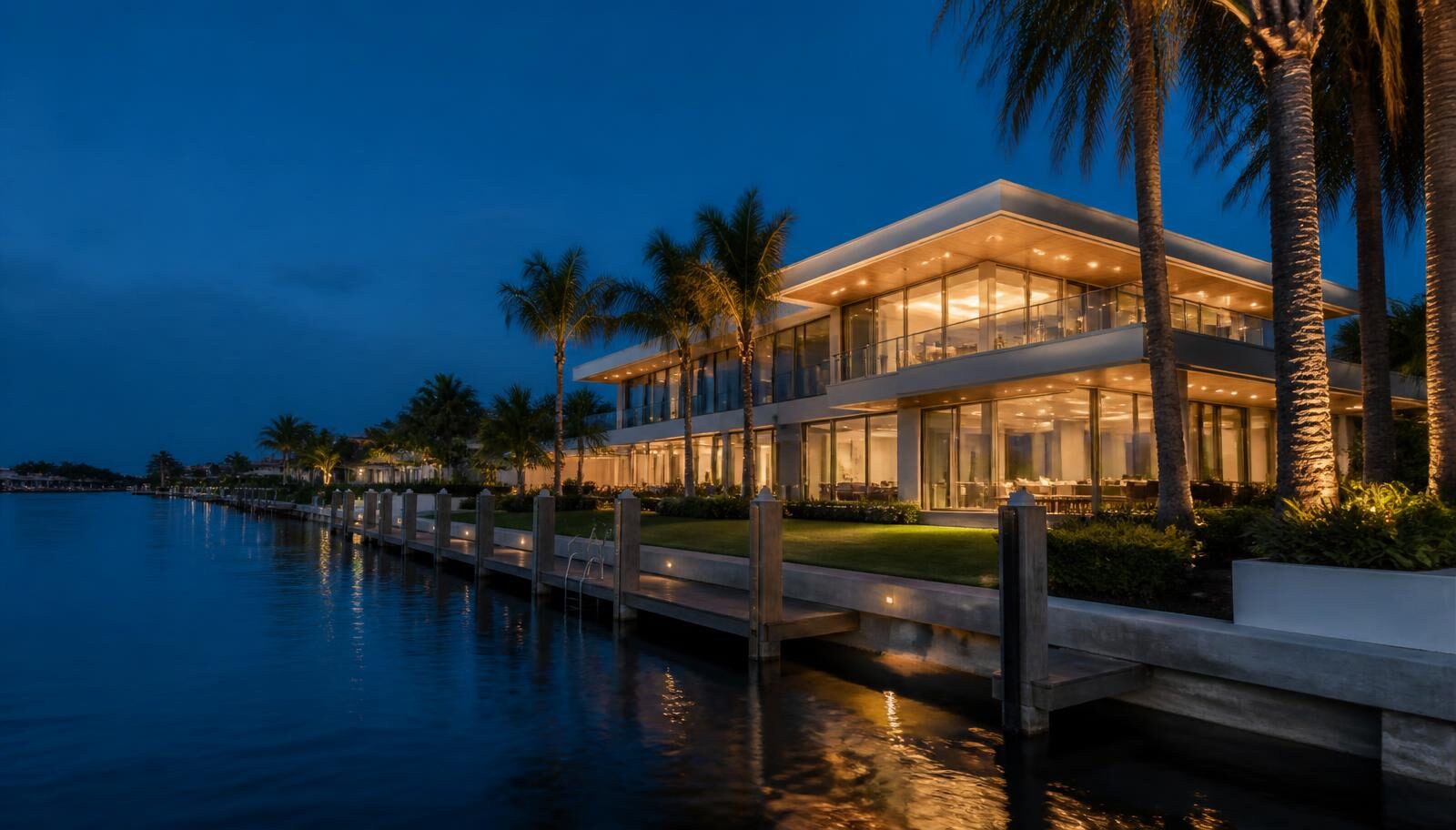 Miami waterfront home with private dockage presented for the residential market at twilight