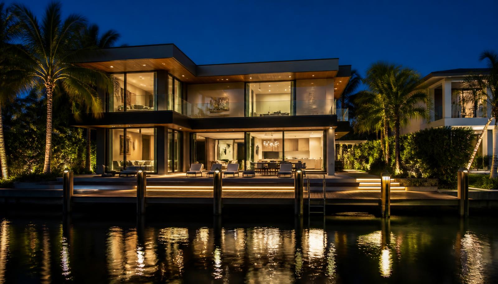 Residência contemporânea à beira-mar em Miami ao anoitecer com píer privativo
