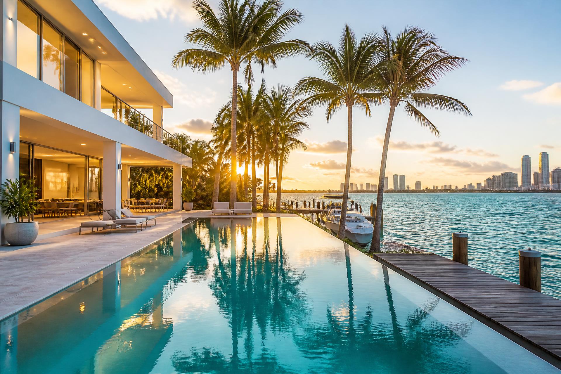 Luxury Miami waterfront residence with infinity pool and private dock on Biscayne Bay at sunset