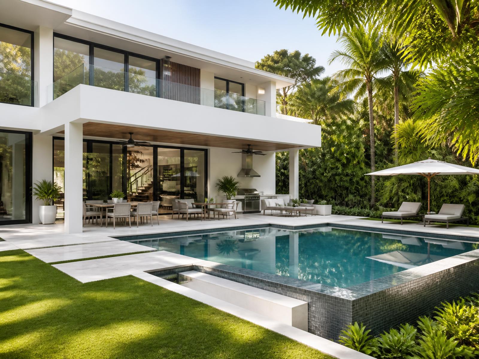 Newly built contemporary home in Pinecrest with a pool, covered terrace and private landscaped yard