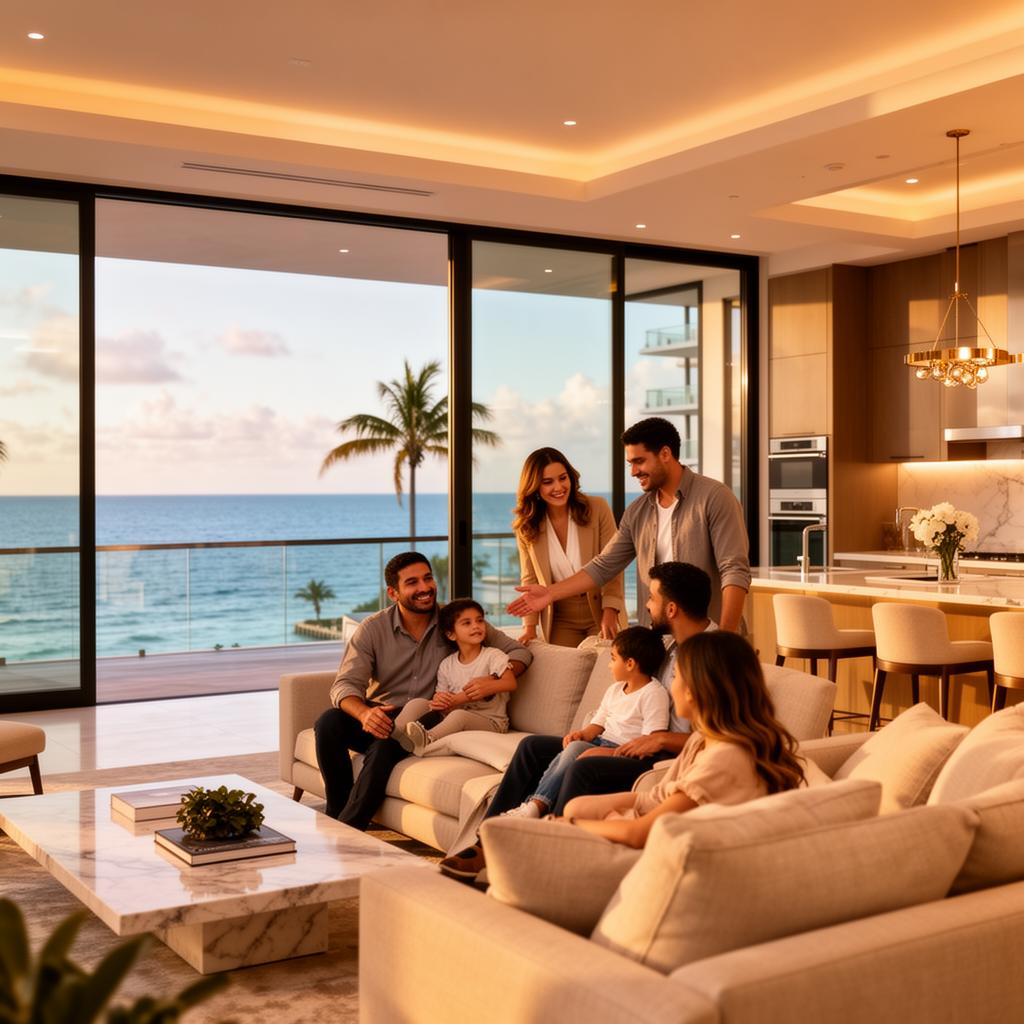 Spanish-speaking real estate agent in Miami showing a luxury property to Latin American clients