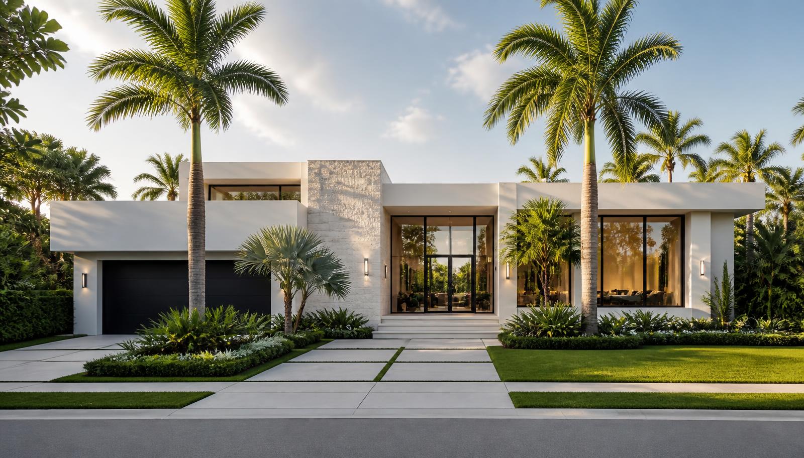 Contemporary limestone and glass Miami residence prepared for sale at dusk