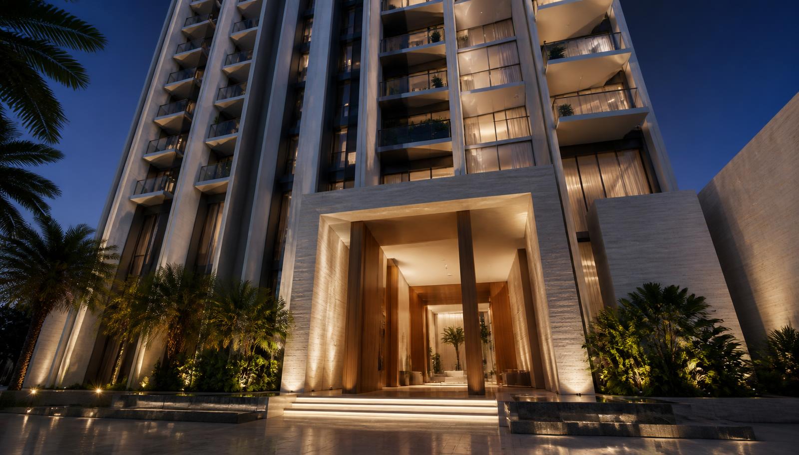 Entrada y fachada de una torre de condominios en Miami al atardecer, donde se definen las reglas de arrendamiento