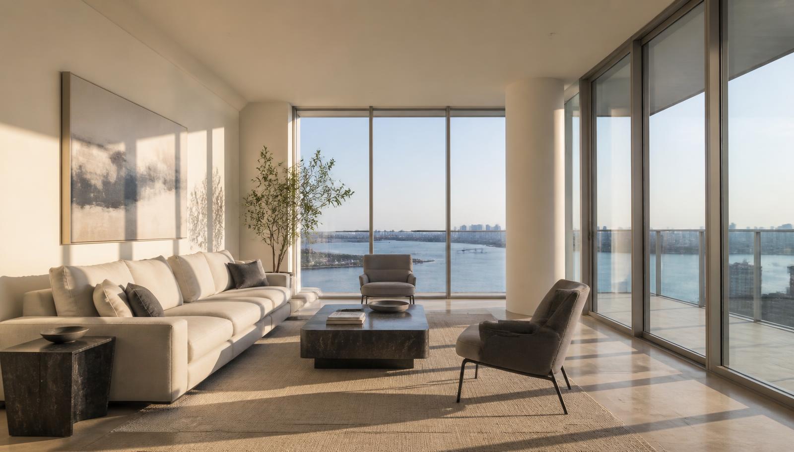 Sala de un condominio en Miami preparada para el mercado de alquiler con vista a la bahía