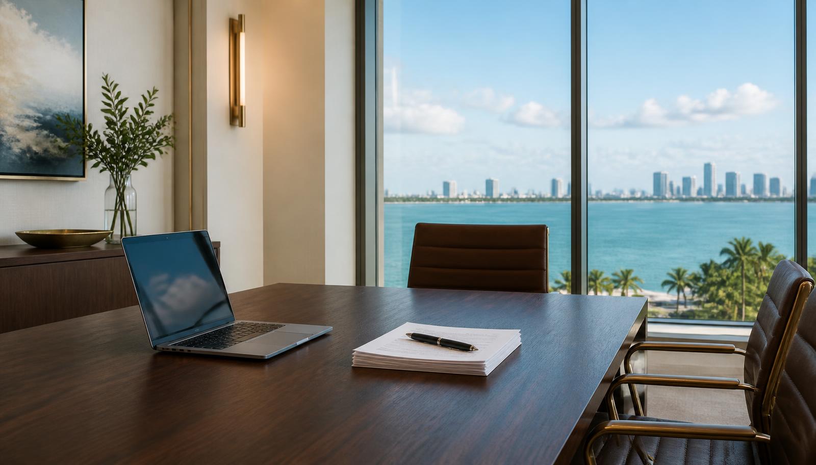 Closing documents and Miami skyline, representing a Florida transaction executed at a distance