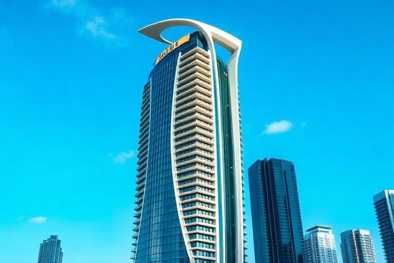 Aston Martin Residences tower in downtown Miami rising above Biscayne Bay with sleek glass facade