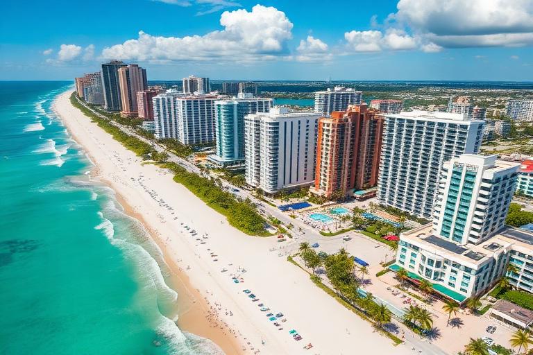 Miami Beach oceanfront condo towers along Collins Avenue with Atlantic Ocean views and white sand beach