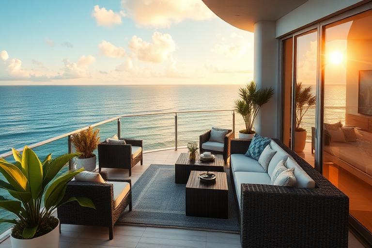 Luxury Miami Beach condo terrace with ocean view outdoor dining area and tropical plants
