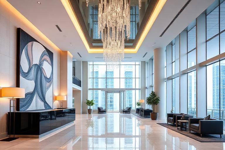Modern luxury lobby interior of Brickell condo building with concierge desk and designer finishes