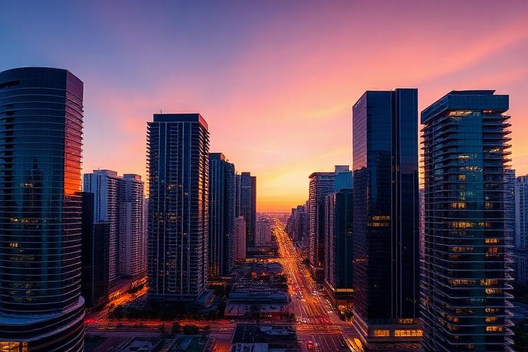 Brickell Miami skyline with luxury high-rise condo towers reflecting on Biscayne Bay at sunset