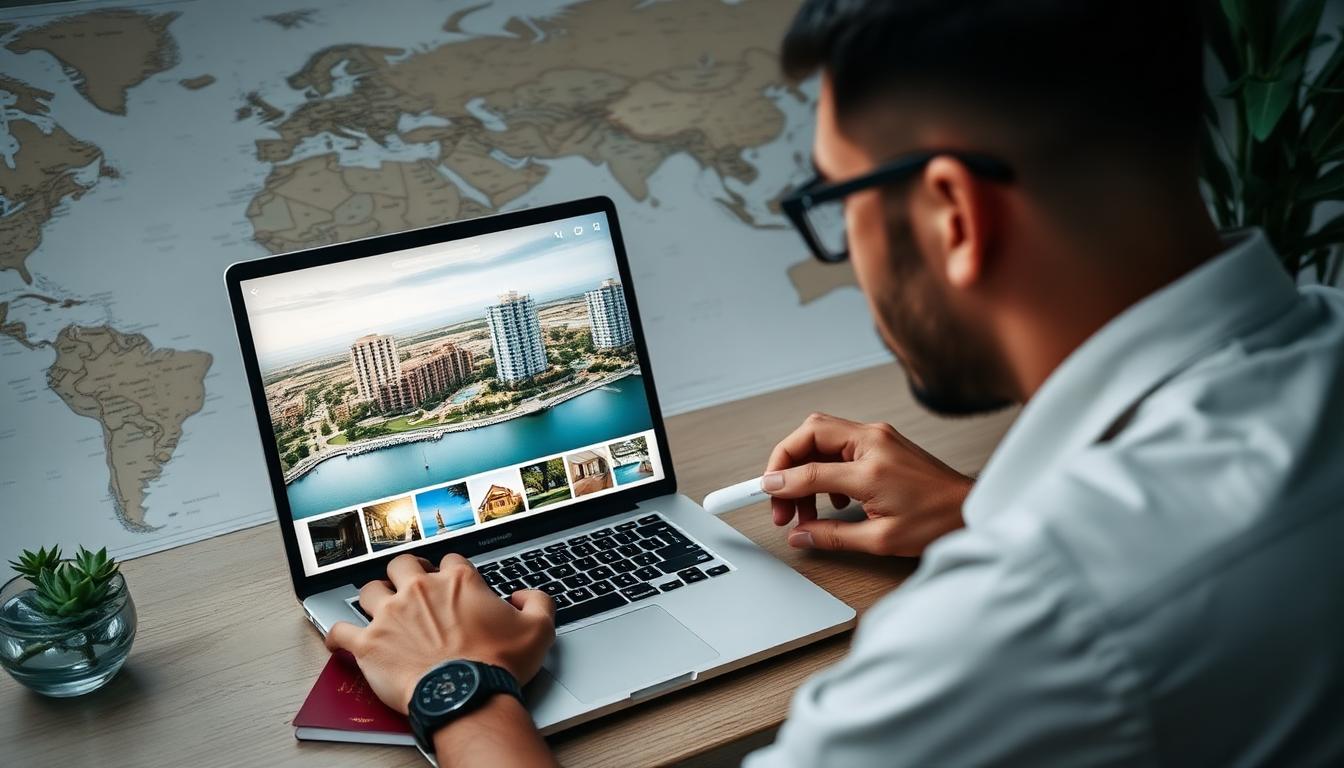 International buyer browsing Miami property listings on laptop from overseas