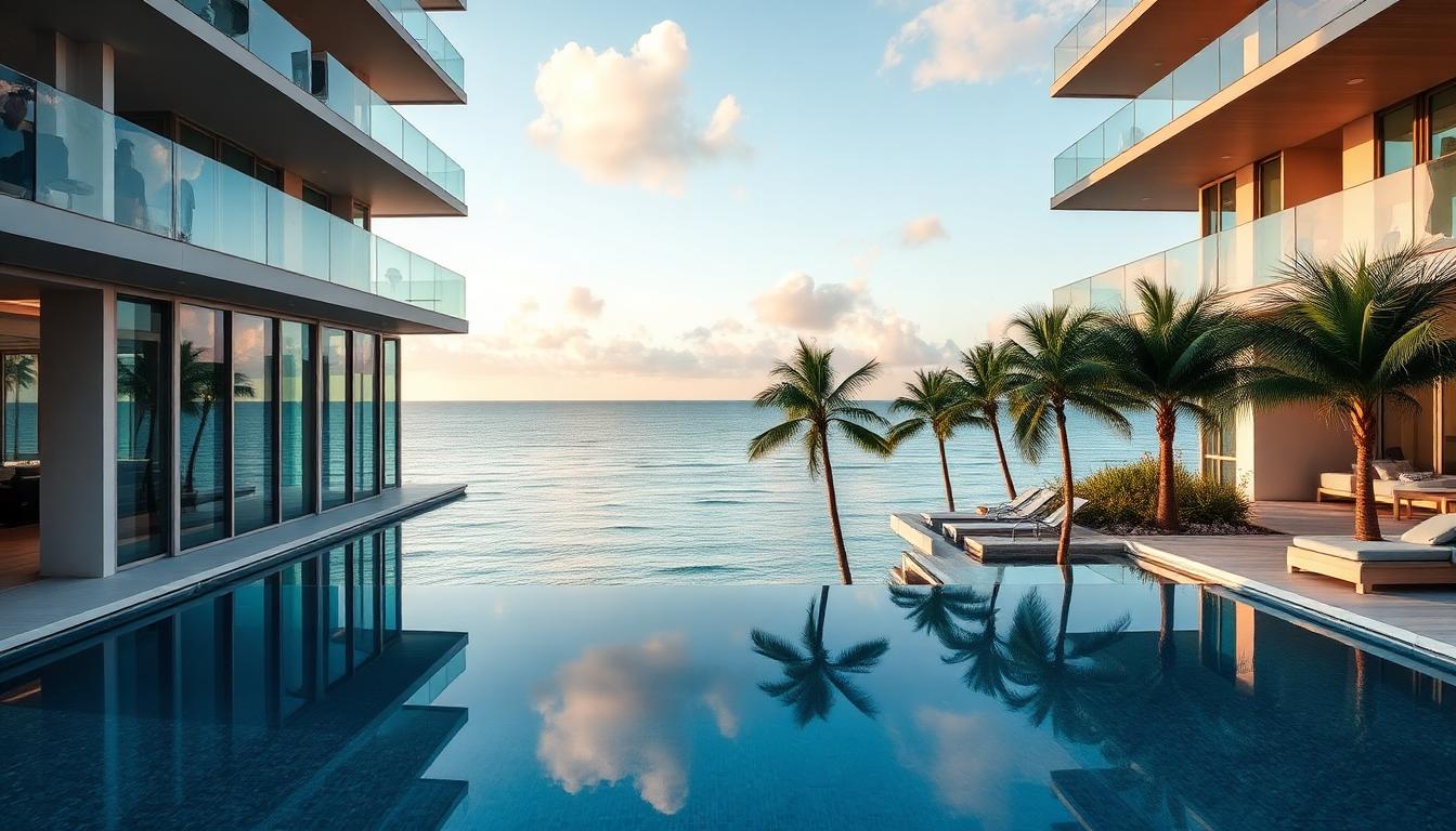 Luxury Miami condominium with ocean view and palm trees