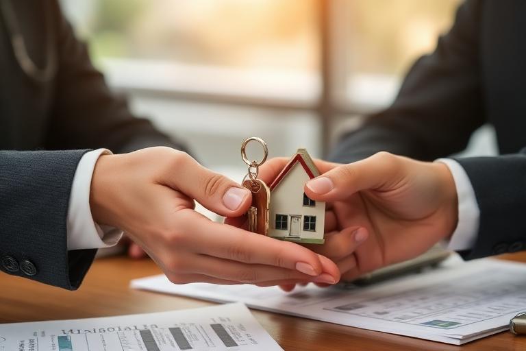 Hands exchanging house keys at a real estate closing table in Miami
