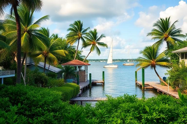 Coconut Grove waterfront estate on Biscayne Bay with lush tropical landscaping and private dock