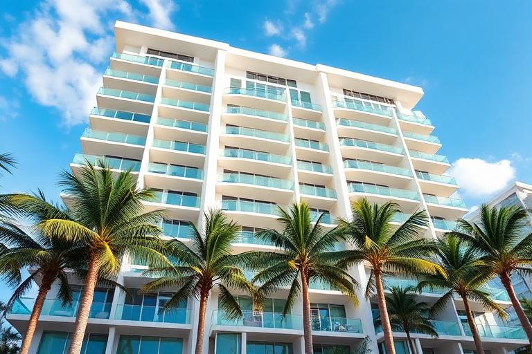 Luxury condo building exterior in Miami with palm trees and blue sky