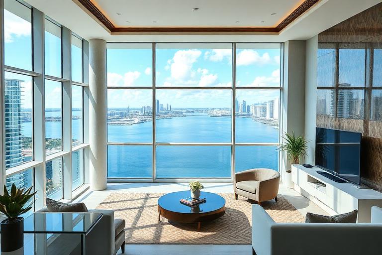 Interior of a luxury Miami condo with floor-to-ceiling windows overlooking Biscayne Bay