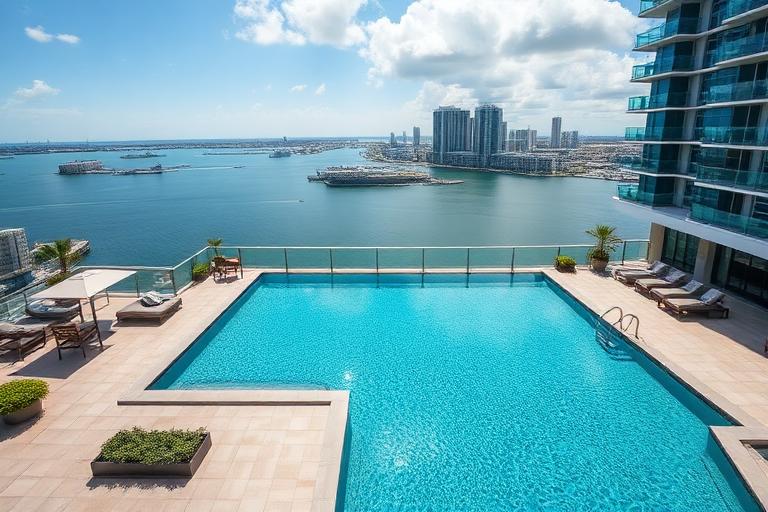 Luxury condo rooftop pool with bay views in Edgewater Miami