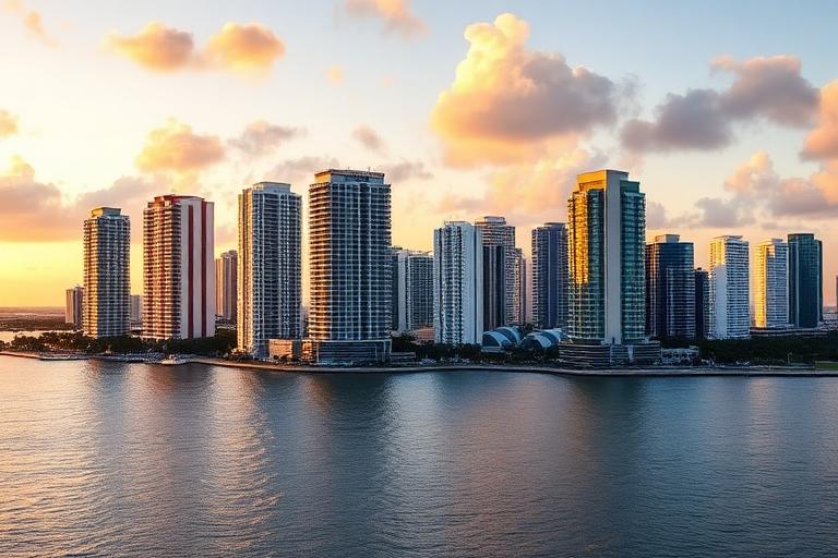 Edgewater Miami skyline with modern condo towers along Biscayne Bay at golden hour