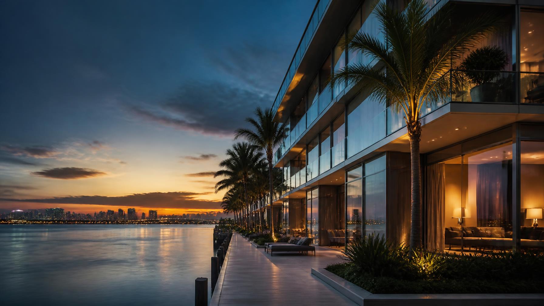 Condominio de lujo frente al agua en Miami al atardecer