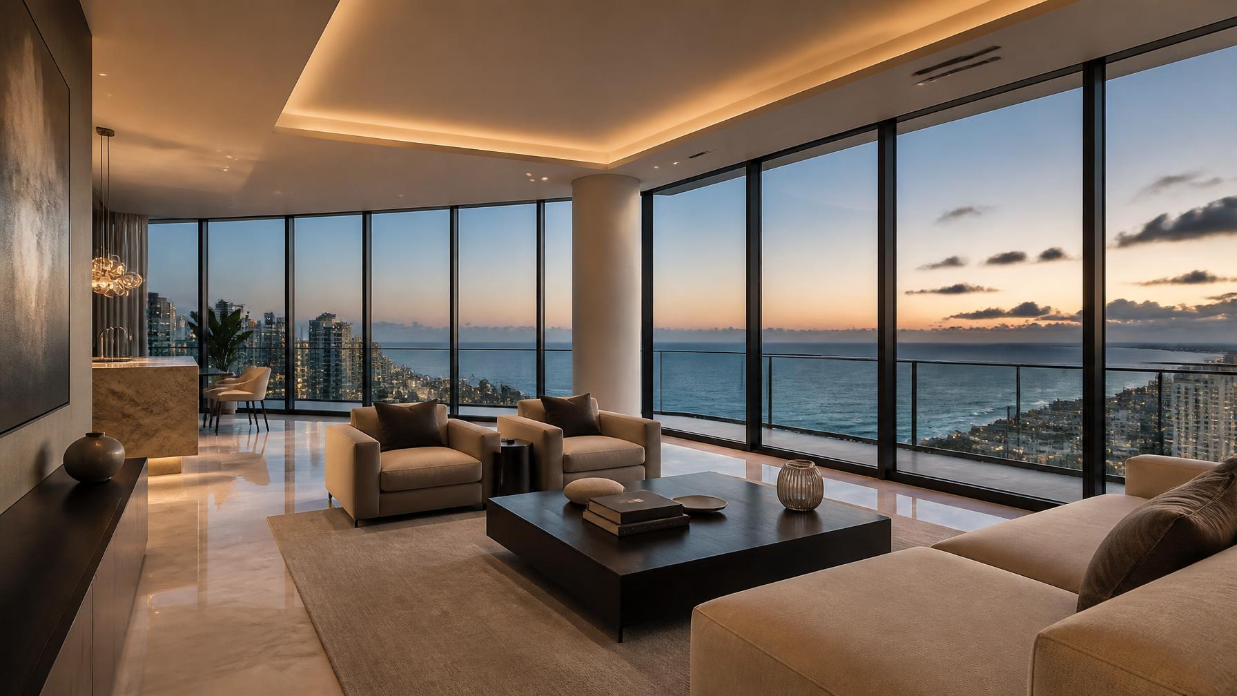 Interior de penthouse de lujo en Miami con vista al océano