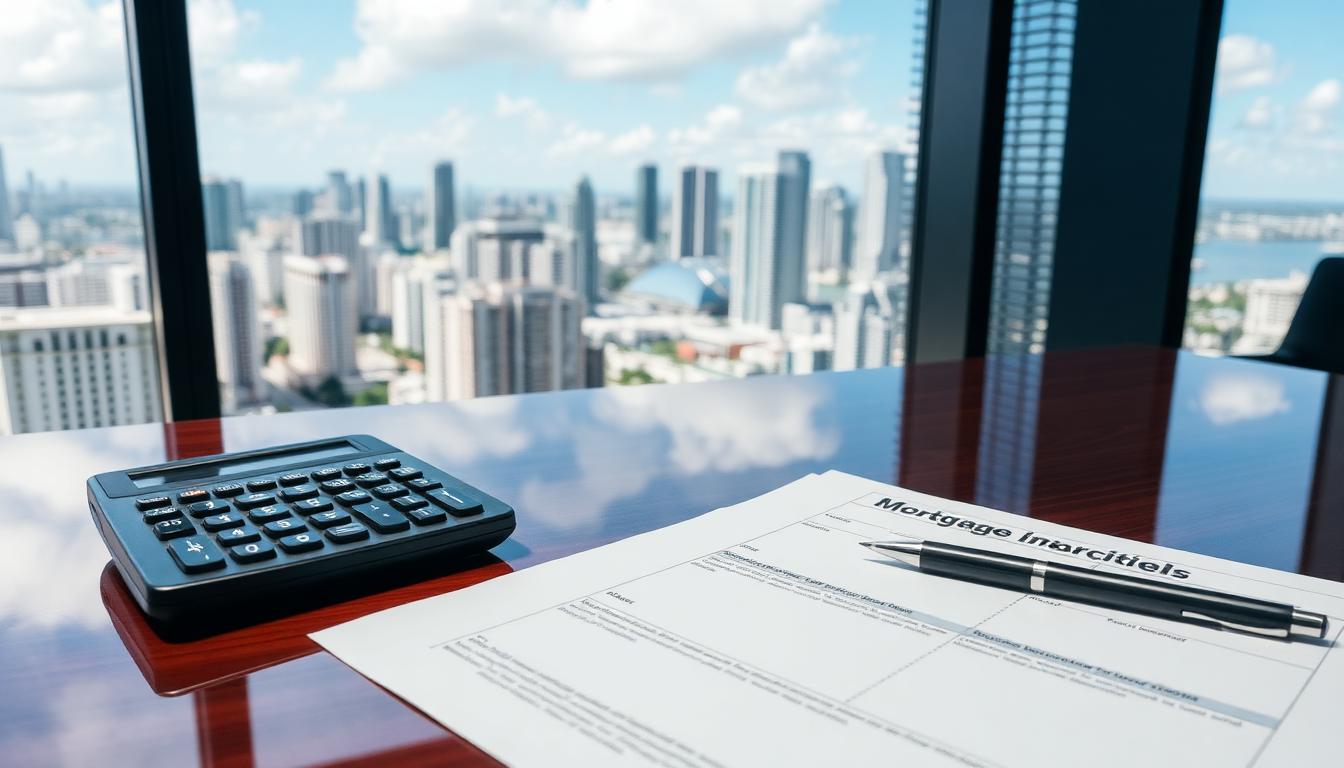 Professional mortgage and financing documents on desk with Miami skyline