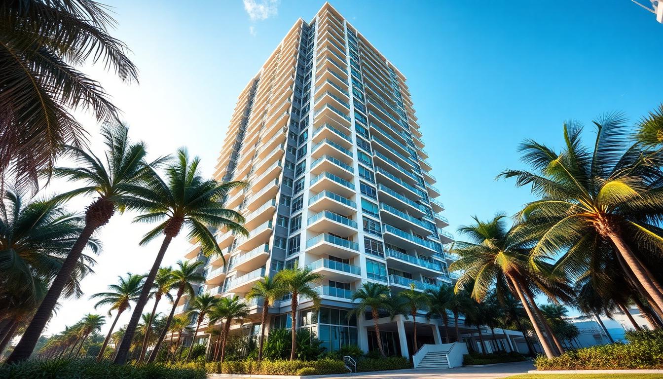 Modern Miami high-rise condo building exterior with tropical landscaping