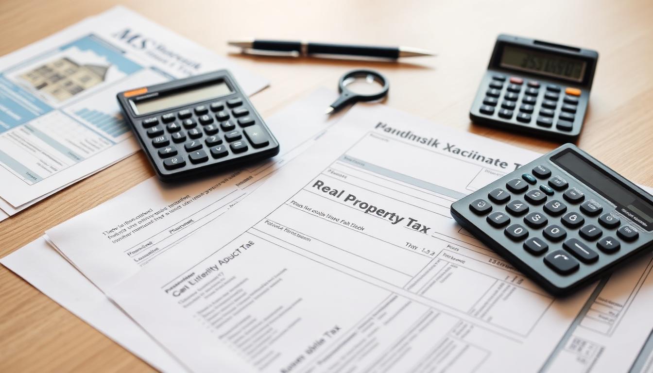 Tax documents and financial forms related to real estate on professional desk
